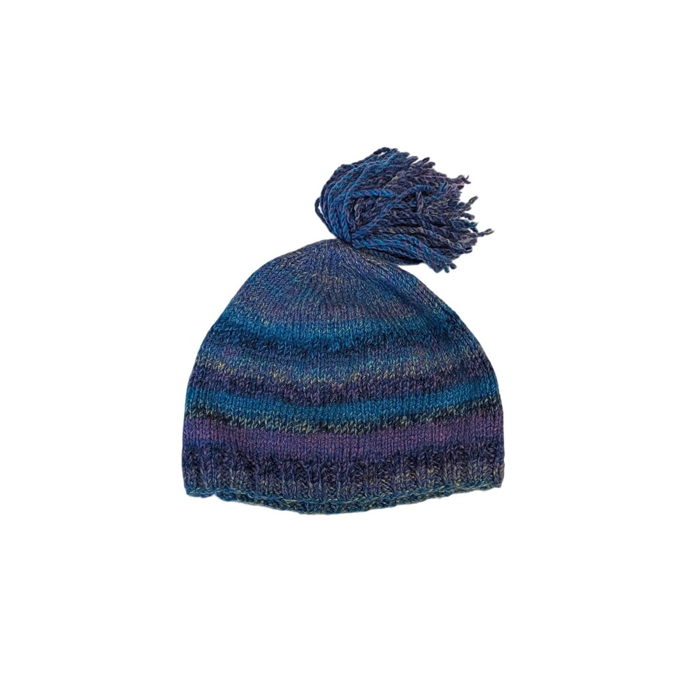 Handmade Knit Beanie‎ Hat Blue Purple Space Dye Tassel Cottagecore Gorpcore Boho